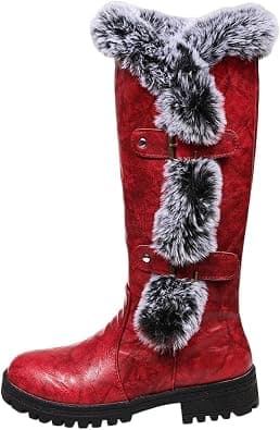 Women's Thick Plush Mid-Calf Snow Boots, Chunky Platform Waterproof Leather Fur Lined Riding Boot Warm Non-Slip Slip-On Knee-High Booties على Amazon.ae - متتبع الأسعار