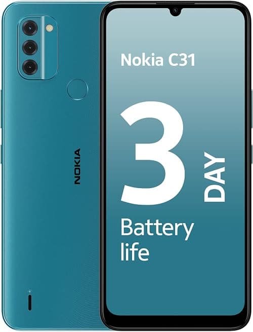 Nokia C31 4G Smartphone, 6.74” HD+ display, 13+2+2 MP rear camera with LED flash, 5MP front camera, 5050 mAh battery, Android 12, Fingerprint sensor, Face Unlock, 2 years of security updates - Cyan on Amazon - Best Deal Finder
