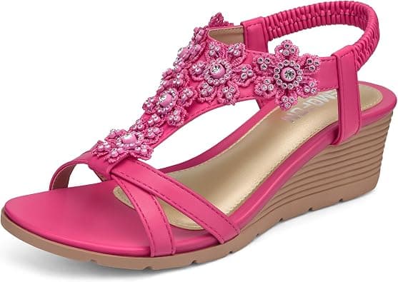 TEMOFON Womens Sandals Wedge Low: Summer Open Toe Wedges - Dressy Casual Elastic Ankle Strap Platform - Comfortable Rhinestone Flower Sandals على Amazon.ae - متتبع الأسعار