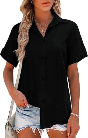 Zeagoo Women Linen Button Down Shirt Rolled Cuffed Short Sleeve Blouse Ladies Summer Casual V Neck Beach Cotton Tops on Amazon.ae - Price Tracker