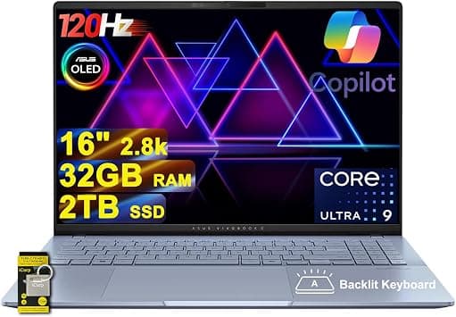 ASUS Vivobook S16 AI PC Laptop 16" 2.8k OLED 120Hz (600nits, 100% DCI-P3) Intel 16-core Ultra 9 285H 32GB RAM 2TB SSD Backlit for Creator Designer Business Professional Win11 ICP Hub/Copilot+ AI on Amazon.ae - Price Tracker