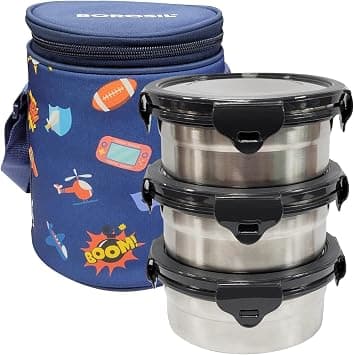 Borosil BlueBlaze Stainless Steel Lunch Box, Set of 3 Containers with Lunch Bag, Leak-proof Lunch Box with Grey Lid, Round Lunch Container for School & Office, 400 ml x 3 on Amazon.ae - Price Tracker