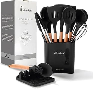 Arabest Silicone Cooking Utensil Set,Silicone Kitchen Utensil Set-13pcs,Wooden Handles Utensils Tool for Nonstick Cookware,Non Toxic Heat Resistant Kitchen Tools Set With Storage Bucket And Lid Rest on Amazon.ae - Price Tracker
