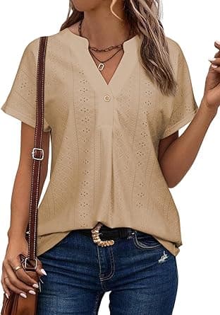Astylish Womens V Neck Blouses Casual Short Sleeve Buttons Hollow Out Fashion Shirts Tops Dressy on Amazon.ae - Price Tracker