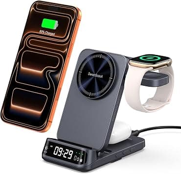 Wireless Charger Stand Compatible with MagSafe, SwanScout 708M, Foldable 3 in 1 Magnetic Charging Station for iPhone Air/17/16/15/14/13 Series, Travel Charger for Apple Watch, AirPods (No Adapter) - متتبع أسعار Amazon.sa