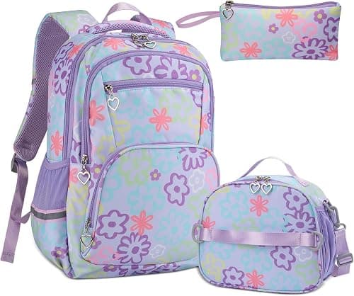 Rexmore 3Pcs Girls Backpack Set with Lunch Box & Pencil Case, Flower Print Kids Backpack for Elementary&Middle School Camping على Amazon.ae - متتبع الأسعار