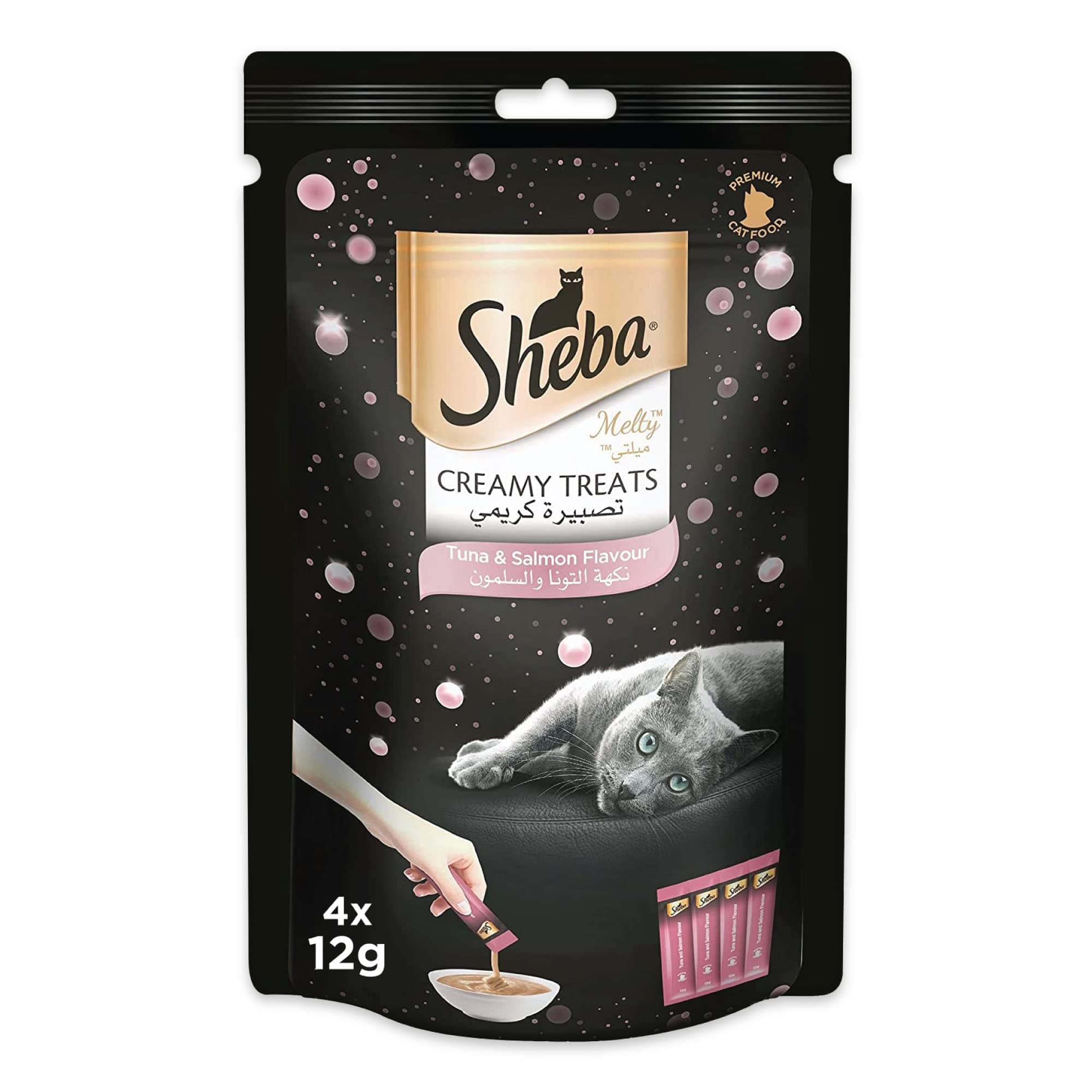 Sheba Cat Food, Melty Tuna & Salmon Flavor Cat Food Wet Creamy Treats, Premium Indulgence, Fed by Hand for a Special Moment so Your Cat Can Find Relish with This Sheba Wet Food Treat, Pack of 4x12g on Amazon.ae - Price Tracker