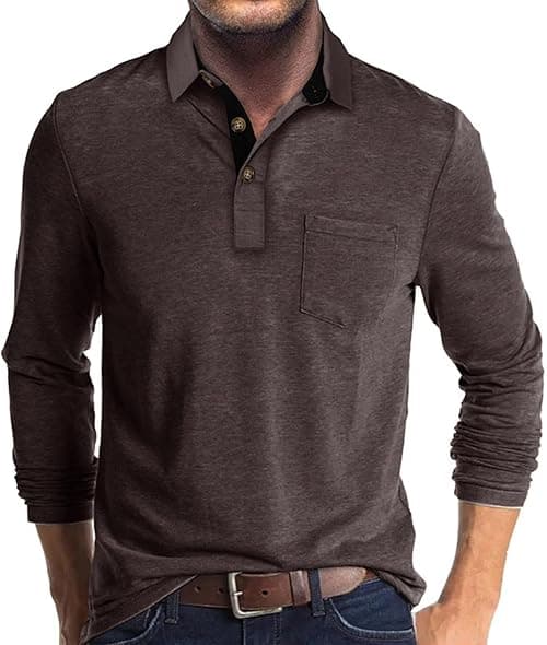 Men's Casual Polo Shirts Classic Button Basic Long Sleeve Shirt Solid Color Cotton Tees Stylish Tops on Amazon.ae - Price Tracker