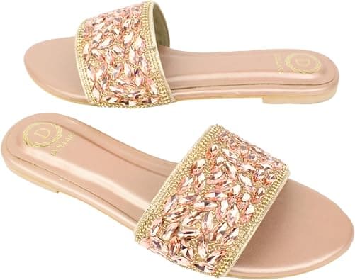 Dollar's Fashion Open Toe Slip On Flats Women Sandals, Crystal Embellished Elegant Synthetic Leather Ladies Fashion Footwear على Amazon.ae - متتبع الأسعار