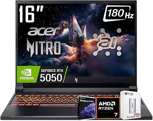 acer Nitro V 16 AI Gaming Laptop, 16" WUXGA IPS180Hz Display, AMD Ryzen 7 260(>Intel i7-14700), NVIDIA GeForce RTX 5050 8GB GDDR7,16GB DDR5, 512GB SSD, WiFi 6E, RGB Backlit KB, Win11 PRO, W/256GB PSD on Amazon.ae - Price Tracker