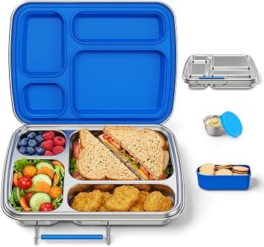 Stainless Steel Bento Box for Kids, Kids Lunch Box with 4-Compartment, Metal Lunch Box with Silicone Container & Sauce Cup, Durable Lunch Box Containers for School and Office (Blue) على Amazon.ae - متتبع الأسعار