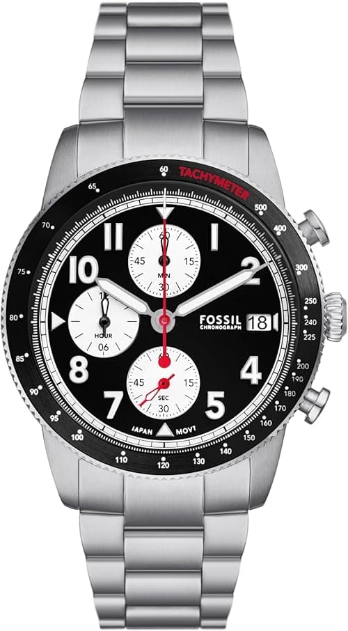 Fossil Men's Sport Tourer Quartz Stainless Steel Chronograph Watch, Color: Silver/Black (Model: FS6045) on Amazon.ae - Price Tracker
