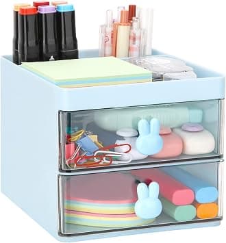 LETURE Small Desk Organizer With Drawer, Office Desktop Storage Box, Business Card/Pen/Pencil/Mobile Phone/Stationery Holder Storage Box, Makeup Organizer for Office School Home (Blue) على Amazon.ae - متتبع الأسعار