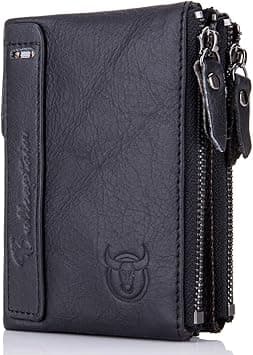 BULLCAPTAIN Genuine Leather Wallet for Men Vintage Bifold with Double Zipper Pockets (Black) on Amazon.ae - Price Tracker