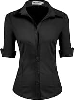 HOTOUCH Womens Blouse Cotton Shirt 3/4 Sleeve Formal Work Ladies Office Shirt Basic Fitted Shirts Button Placket Tops Short Sleeve V-Neck Top XS-XXL - Best Deal Finder
