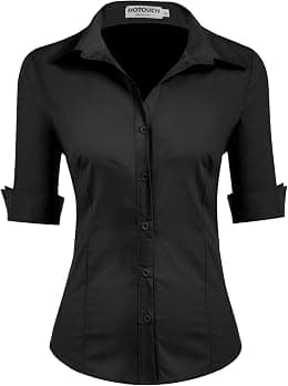 HOTOUCH Womens Blouse Cotton Shirt 3/4 Sleeve Formal Work Ladies Office Shirt Basic Fitted Shirts Button Placket Tops Short Sleeve V-Neck Top XS-XXL - Best Deal Finder