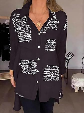Womens Letter Print Button Down Shirts Casual Loose Swallowtail Blouse Tops on Amazon.ae - Price Tracker
