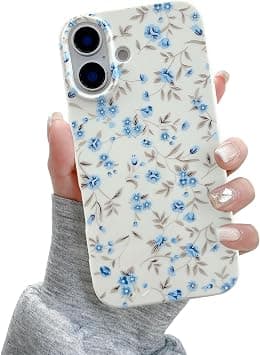 QLTYPRI for iPhone 16 Case, Cute Pink Floral Flower Pattern Aesthetic Phone Case, Raised Camera Protection Soft Slim TPU Shockproof Protective Phone Cover for Girls Women - Blue - Best Deal Finder