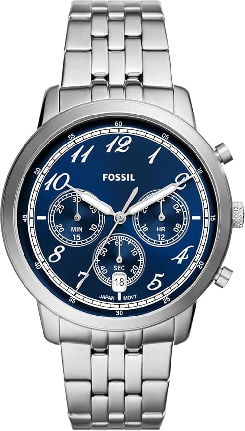 Fossil Men's Neutra Arabic Chronograph Stainless Steel Watch, Color: Silver/Blue Arabic (Model: FS6025) on Amazon.ae - Price Tracker