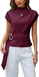 Yeokou Women Buckle Tie Top Stand Collar Belted Short Sleeve Elegant Summer Casual Blouse - Best Deal Finder