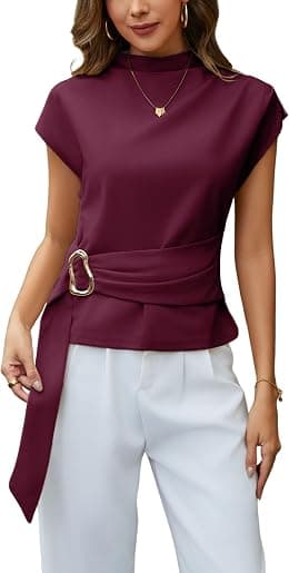 Yeokou Women Buckle Tie Top Stand Collar Belted Short Sleeve Elegant Summer Casual Blouse - Best Deal Finder