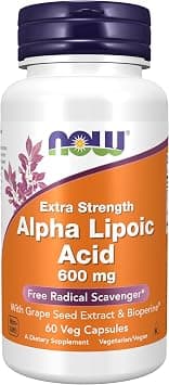 Now Foods Alpha Lipoic Acid 600 mg, Extra Strength with Grape Seed Extract & Bioperine 60 Veg Capsules - Best Deal Finder