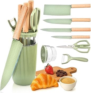 Knife Set, 7-Piece Kitchen Knife Set with Sharp Chef and Meat Knives, Anti-Rust Utility Knives Set for Kitchen, Kitchen Knife Block Set （Green） on Amazon.ae - Price Tracker