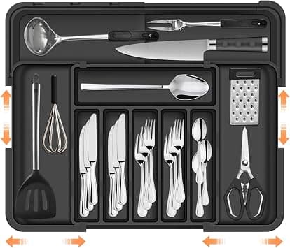 Necomi Larger Cutlery Drawer Organiser with 9 Compartments, 3-sided Expandable Kitchen Drawer Organiser, Non-Slip Utensil Organiser, Large Drawer Organizer for Spoons, Forks and Knives (Black) على Amazon.ae - متتبع الأسعار