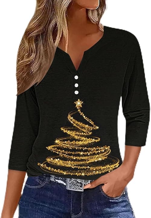 Christmas T Shirts for Women UK Novelty Xmas Jumpers 3/4 Sleeve Tops V Neck T Shirts Henley Shirt Xmas Tree Snowflake Print Blouse Sweatshirt Dressy Tunic Top Holiday Blouse Tops on Amazon.ae - Price Tracker