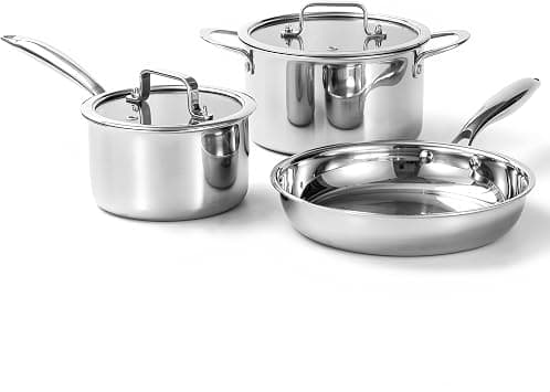 Tri-Ply Stainless Steel Cookware Set, 3 Pieces, Induction Compatible, Dishwasher Safe, 3.2L Stock Pot, 1.7L Saucepan, 26cm Frying Pan on Amazon.ae - Price Tracker