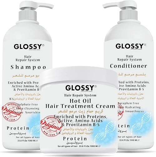 Glossy Professional Protein Shampoo & Conditioner With Hair Treatment Cream, Sulfate Free, Deep Treatment & Hydrating For Women & Men After Hair Straightening For Daily Use 1000 Ml Set of 3 Pcs on Amazon.ae - Price Tracker