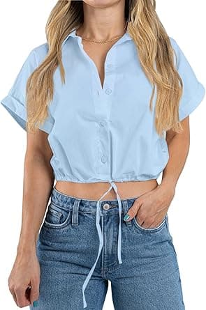 Tankaneo Womens Cropped Button Down Shirts Drawstring Hem Short Sleeve Blouse on Amazon.ae - Price Tracker