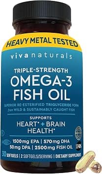 Viva Naturals Triple Strength Omega 3 Fish Oil Supplement - 2500 mg Fish Oil with Re-Esterified Omega 3 Fatty Acids Including EPA, DHA DPA - 30 Pescatarian-Friendly Softgels on Amazon.ae - Price Tracker