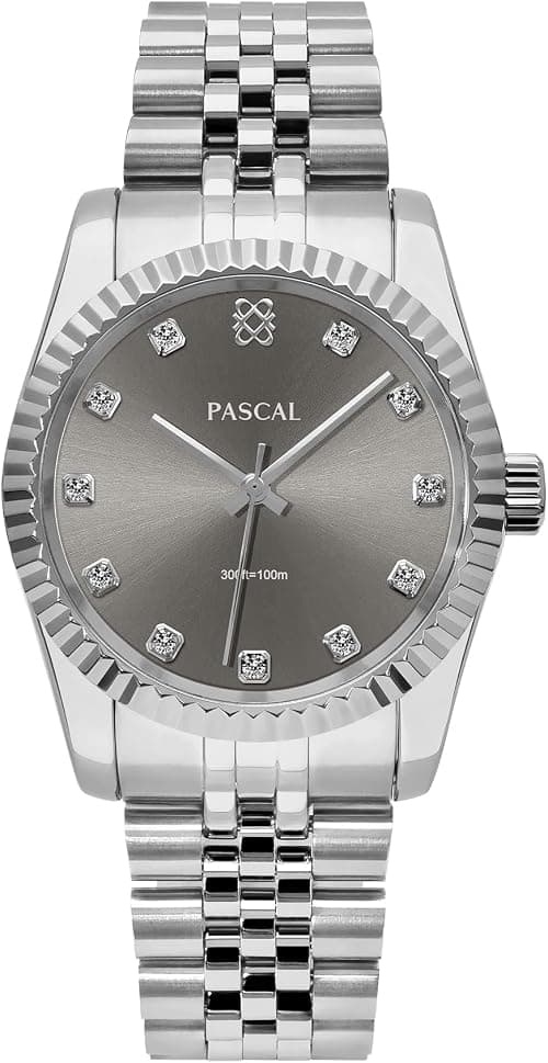 PASCAL Men's Timeless Classic Diamond Watch, Swiss Quartz, Sapphire Crystal, 10ATM Waterproof, Stainless Steel Bracelet in Silver & Rose Gold, Diamond Hour Markers على Amazon.ae - متتبع الأسعار