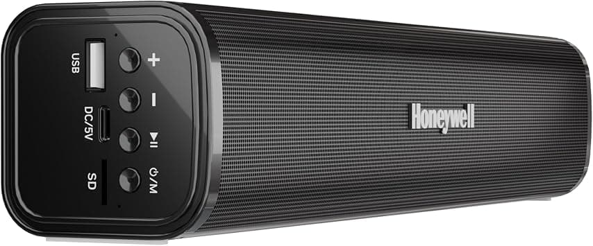 Honeywell Moxie V1000 10W 2.0 Channel V5.0 Wireless Bluetooth Soundbar, 5.0 Stereo Sound, 52mm-2 Drivers, 15Hrs Playtime, TWS, 1200mAh Battery, Multiple Connectivity via SD Card, Audio Jack & USB on Amazon.ae - Price Tracker