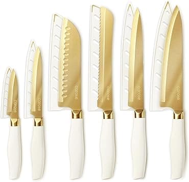 CAROTE 12PCS Kitchen Knife Set, Healthy Gold Titanium Coating Knife Set, Dishwasher Safe with 6 Blade Guards, Rustproof Stainless Steel Cutlery Set, White and Gold on Amazon.ae - Price Tracker