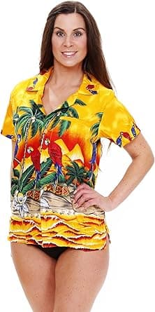V.H.O. Original King Kameha | Funky Hawaiian Blouse Shirt | Women | XS - 6XL | Short-Sleeve | Front-Pocket | Hawaiian-Print | Parrot Palm Beach | Yellow, Yellow, XL on Amazon.ae - Price Tracker