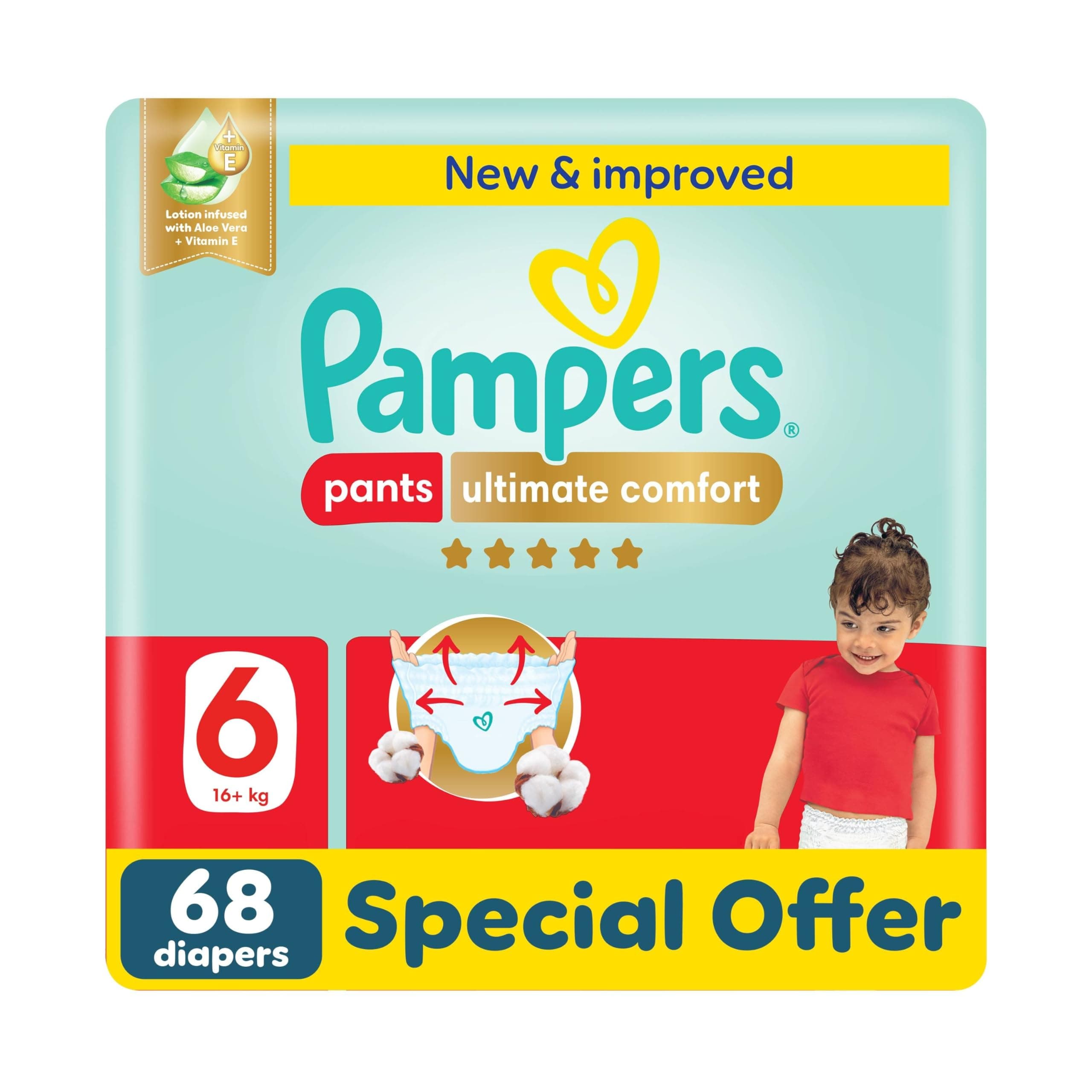 Pampers Ultimate Comfort Pants Diapers, Size 6, 16-21kg, Lotion infused with Aloe Vera and Vitamin E, Cottony Soft Fit for up to 100% Leakage Protection, Super Saving Pack, 68 Count on Amazon.ae - Price Tracker