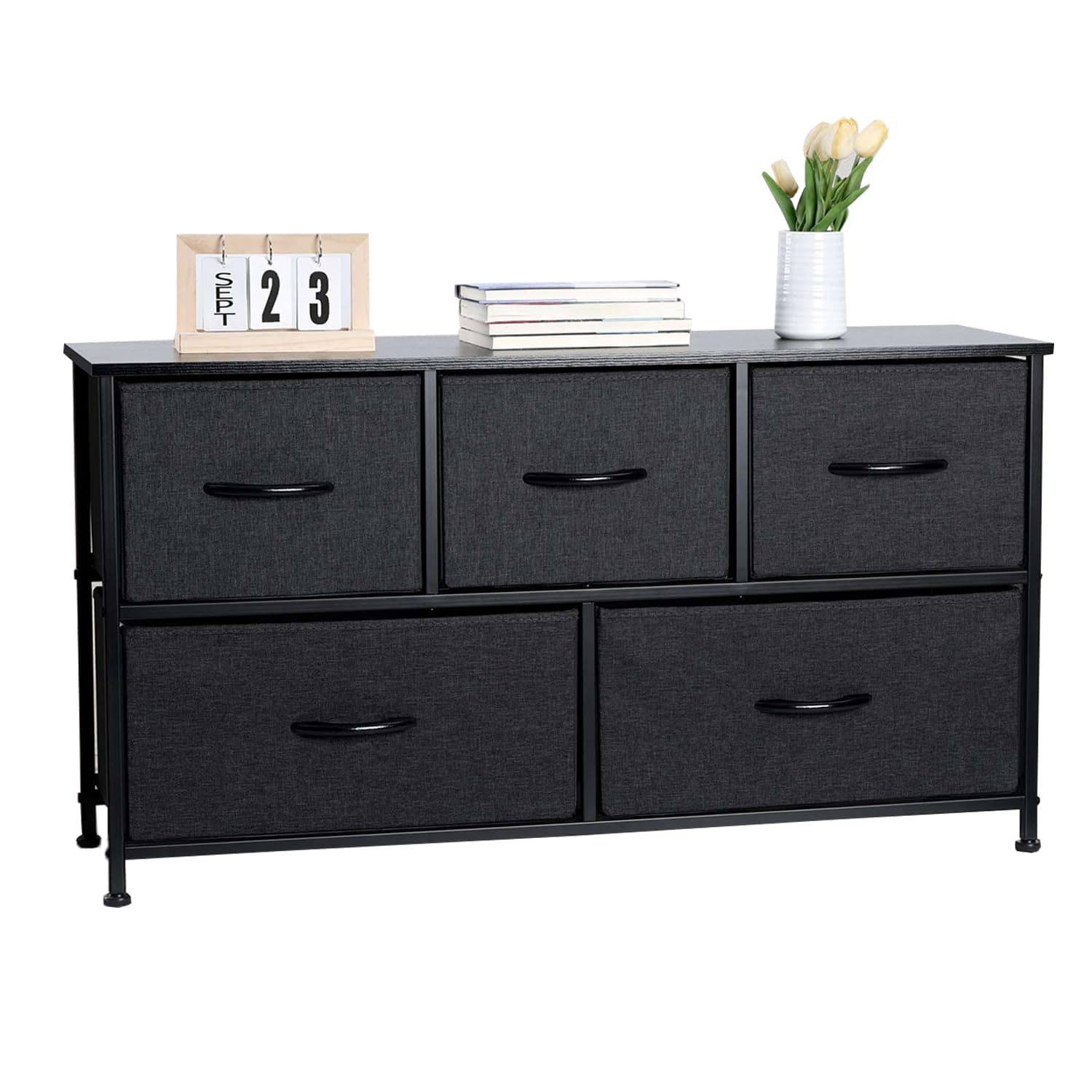 E-far 5 Drawer Dresser for Bedroom, Storage Organizer Great for Closet, Nursery, Living room, Hallway, Guest Room, Dorm, Wide Fabric Tower with 5 Bins for Store Book Clothe Toy Document, Classic Black on Amazon.ae - Price Tracker