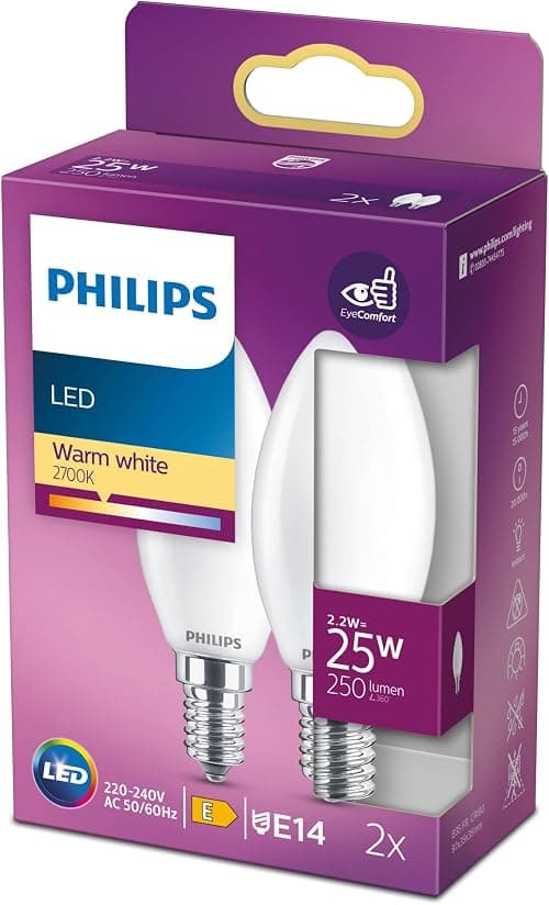 Philips LED Premium Classic B35 Frosted Light Bulb 2 Pack [E14 Small Edison Screw] 25W, Warm White 2700K, Non Dimmable on Amazon.sa - Price Tracker