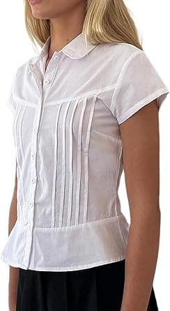 Women Y2k Button Down Shirts Ruched Lapel Collar Short Sleeve Office Business Blouse Summer Fashion Street Tops on Amazon.ae - Price Tracker