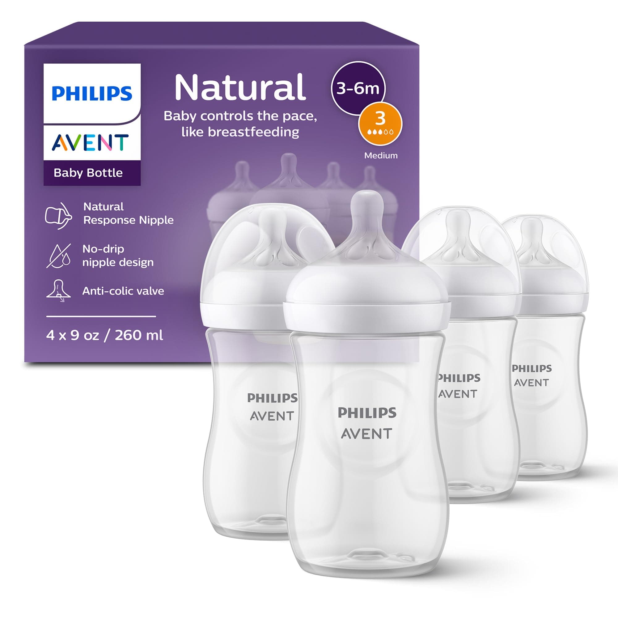 PHILIPS AVENT Natural Baby Bottle with Natural Response, Clear, 9oz, 4pk, SCY903/04, 9 Ounce on Amazon.ae - Price Tracker