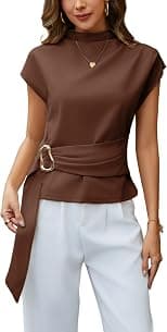 Yeokou Women Buckle Tie Top Stand Collar Belted Short Sleeve Elegant Summer Casual Blouse - Best Deal Finder