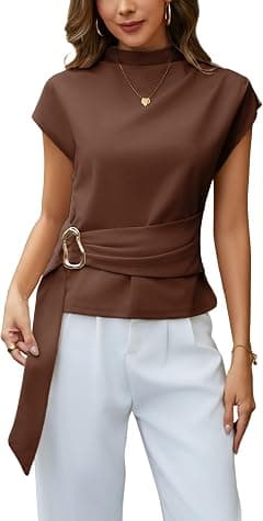 Yeokou Women Buckle Tie Top Stand Collar Belted Short Sleeve Elegant Summer Casual Blouse - Amazon.ae Price Tracker