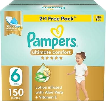 Pampers Ultimate Comfort Taped Diapers, Size 6, 13+kg, Lotion infused with Aloe Vera and Vitamin E, x1000 Leak Locks Technology for Leakage Protection, Giga Box, 150 Count - Amazon.ae Price Tracker