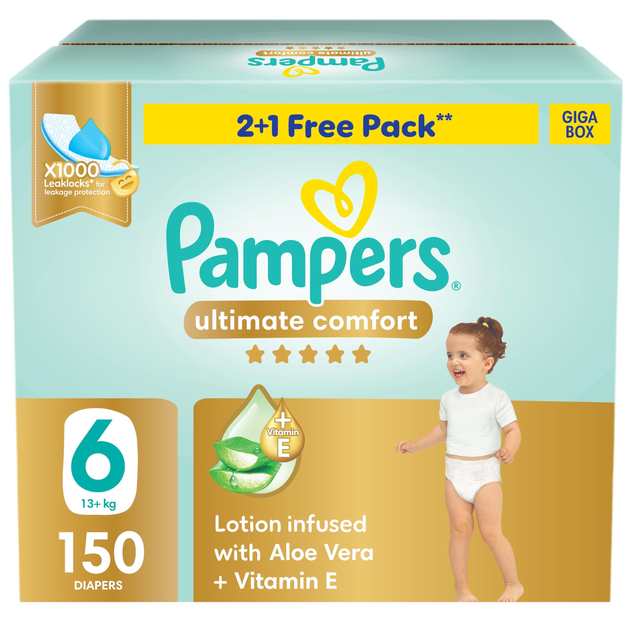 Pampers Ultimate Comfort Taped Diapers, Size 6, 13+kg, Lotion infused with Aloe Vera and Vitamin E, x1000 Leak Locks Technology for Leakage Protection, Giga Box, 150 Count on Amazon.ae - Price Tracker