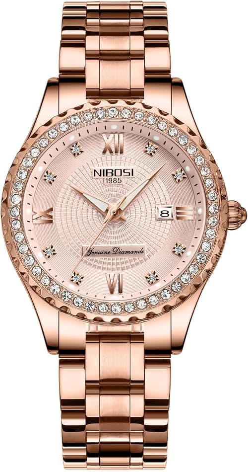 NIBOSI Women's Watches Analog Diamond Rose Gold Dial Watches for Women Stylish Quartz Stainless Steel Ladies Dress Wrist Watch Calendar on Amazon.ae - Price Tracker