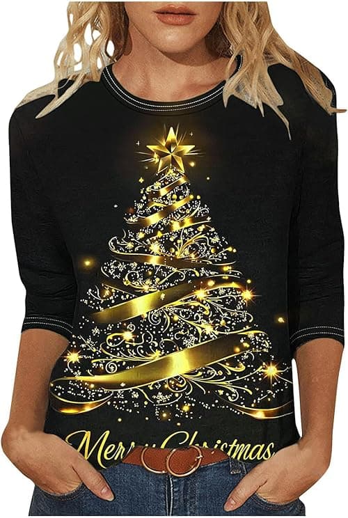 Christmas Tops for Women Funny Xmas T Shirts 3/4 Sleeve Tops Round Neck Blouses Xmas Tree Santa Elk Snowflake Print Tshirt Merry Christmas Jumper Pullover Dressy Blouses Plus Size on Amazon.ae - Price Tracker