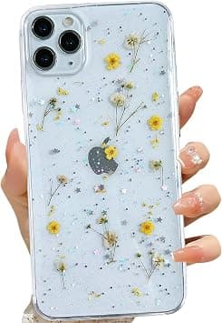 LSEEKA - iPhone 11 Pro Max Case Clear with Real Yellow Pressed Flowers Glitter Pattern Slim Soft TPU Case for Women Girls على Amazon.ae - متتبع الأسعار