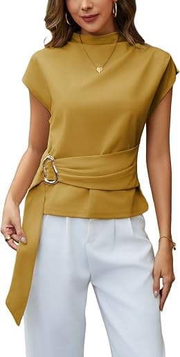 Yeokou Women Buckle Tie Top Stand Collar Belted Short Sleeve Elegant Summer Casual Blouse - Best Deal Finder